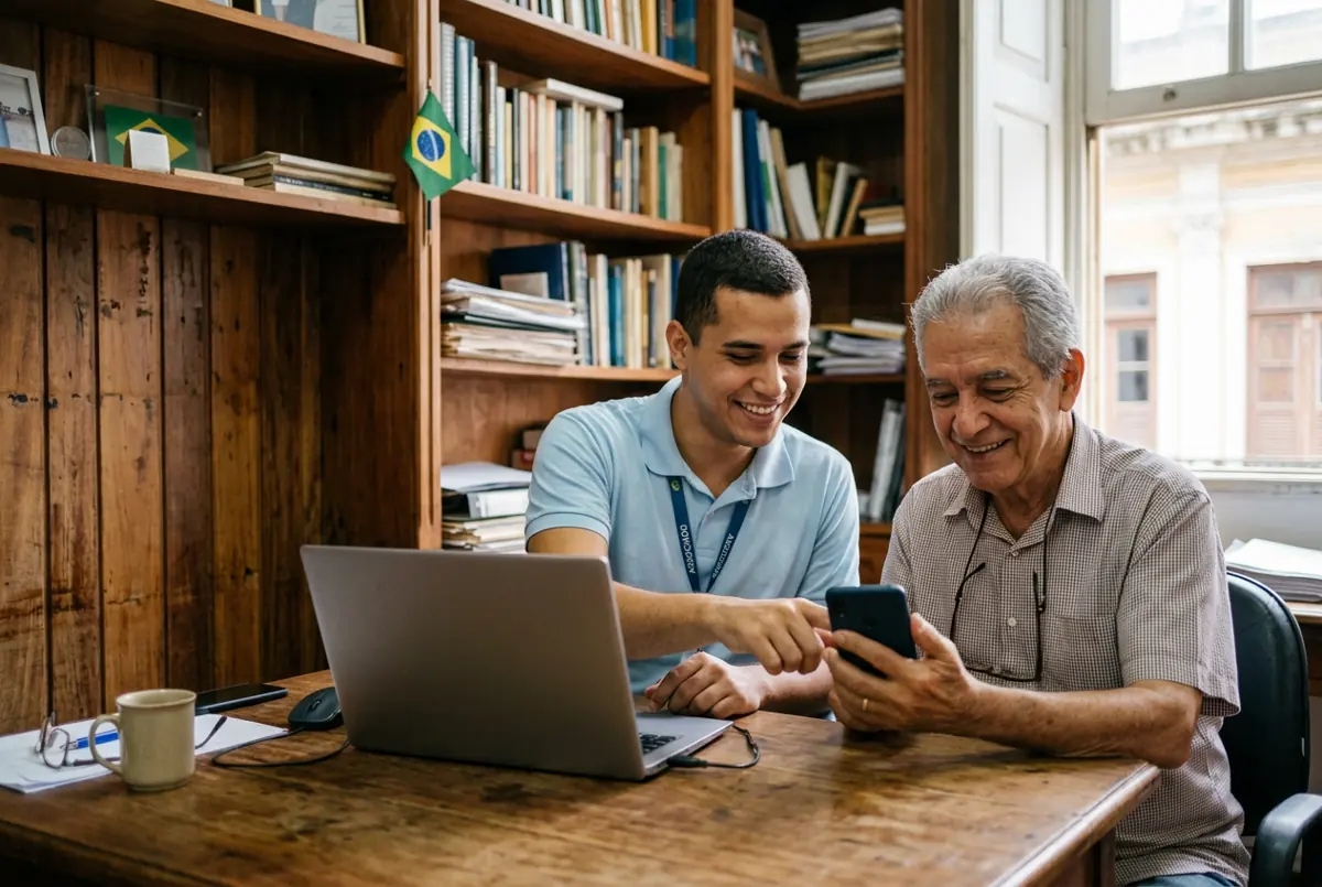 Técnico de informática mostra a um associado aposentado como usar o celular, com notebook aberto na mesa (imagem gerada por inteligência artificial).