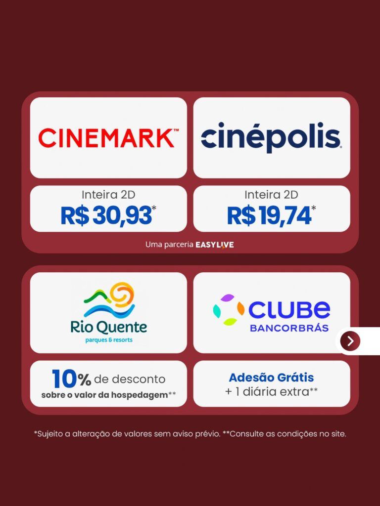 Promoções APAFERJ+: Cinemark, inteira 2D por R$ 30,93; Cinépolis, inteira 2D por R$ 19,74; Rio Quente, 10% de desconto sobre o valor da hospedagem; Clube Bancorbrás, adesão grátis e 1 diária extra.
